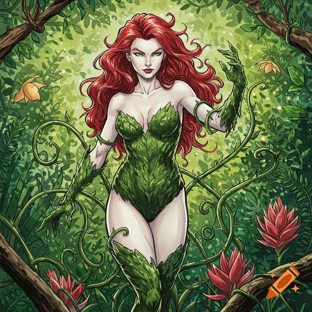 A comic book style illustration of Poison Ivy, with long red hair and a green leaf costume, standing amidst lush green foliage and thorny vines with some red and yellow flowers.