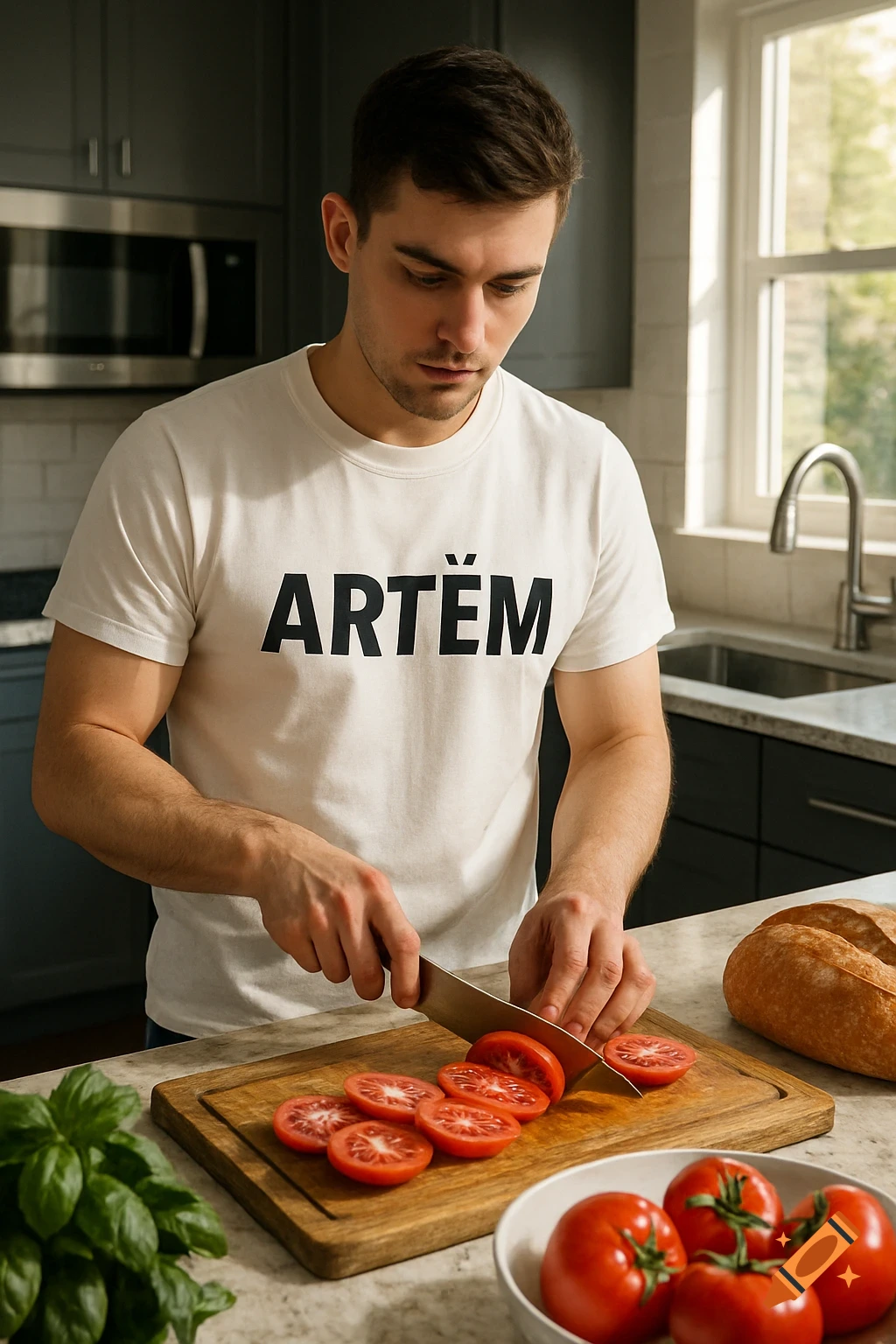 A man in a white t-shirt cuts tomatoes on a wooden board in a kitchen.