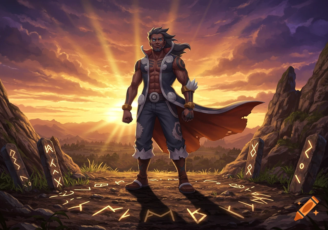 A muscular man with a cape stands on a rune-covered path between mountains at sunset.