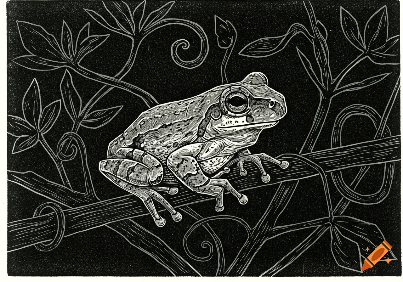 A black and white linocut illustration of a detailed grey treefrog perched on a branch surrounded by vines.