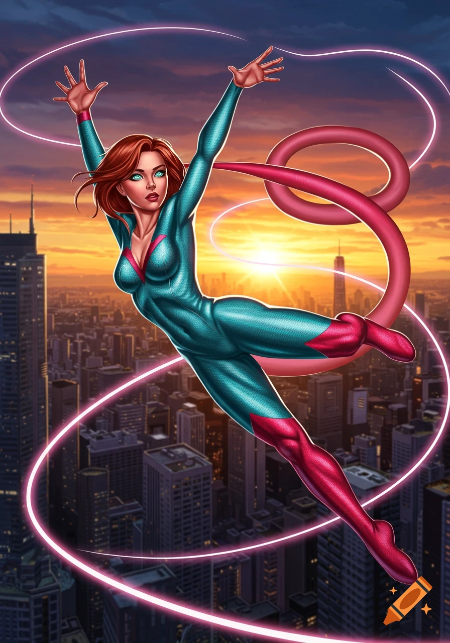 Red-haired female superhero in a teal and pink suit floats above a city at sunset with glowing pink trails and a tail in comic art style.