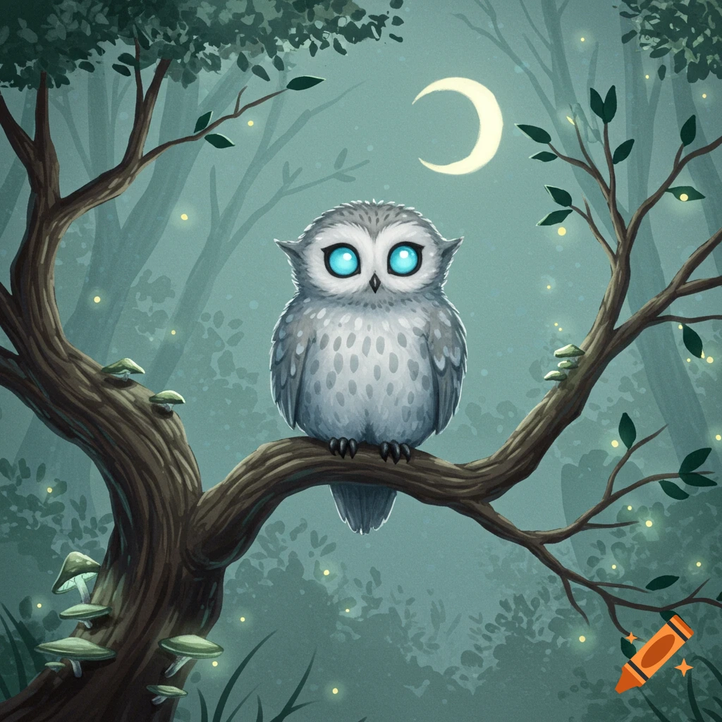 A cute white owl with glowing blue eyes perches on a tree branch in a mystical, moonlit forest with glowing mushrooms and fireflies.