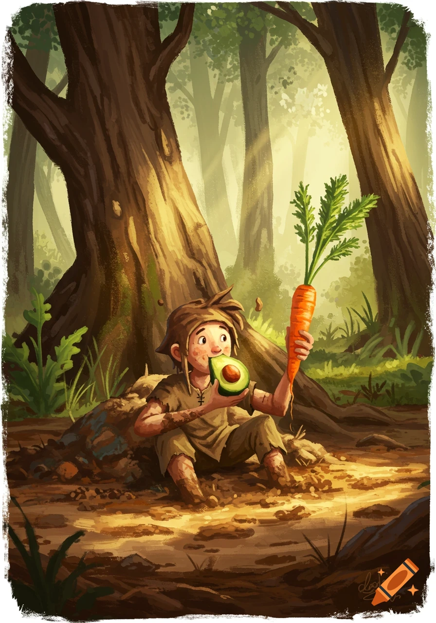 An illustrated child-like figure covered in mud sits in a forest, eating an avocado and holding a large carrot.