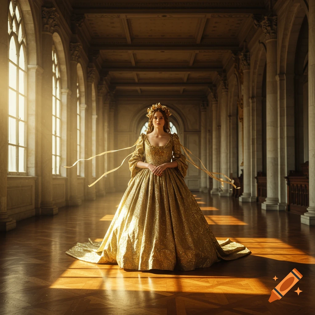 A woman in a shimmering golden gown and flower crown stands in a sunlit grand hall with tall arched windows.
