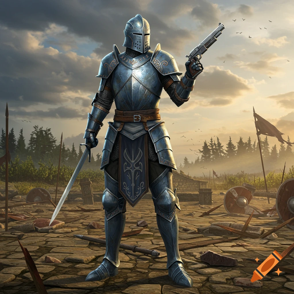 A knight in full blue-grey plate armor stands on a rocky battlefield, holding a sword and a long pistol, with clouds and trees in the background.