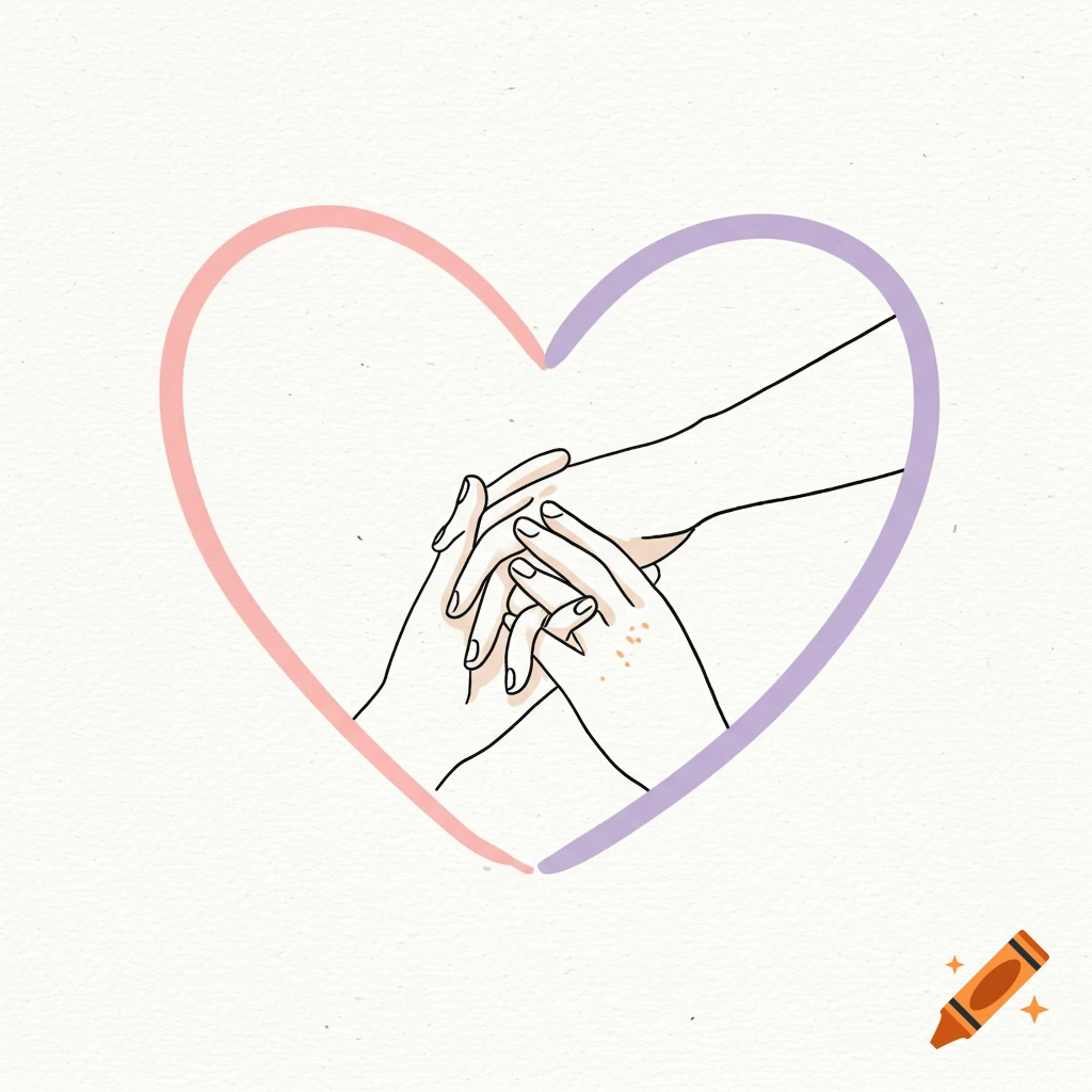 Minimalist line art illustration of two hands interlocking within a pink and purple heart.
