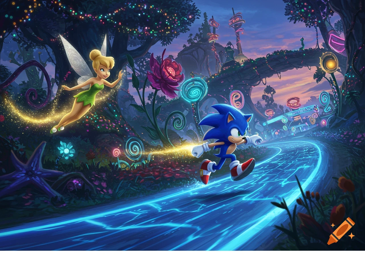 Tinkerbell flying above Sonic the Hedgehog running on a glowing path through a vibrant, whimsical fantasy forest with illuminated structures.