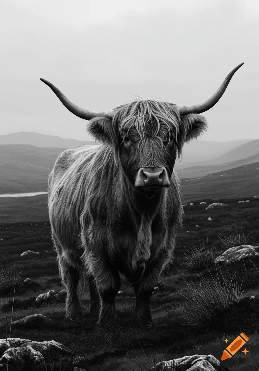 Black and white photorealistic image of a shaggy Highland cow with long horns standing in a rocky field.