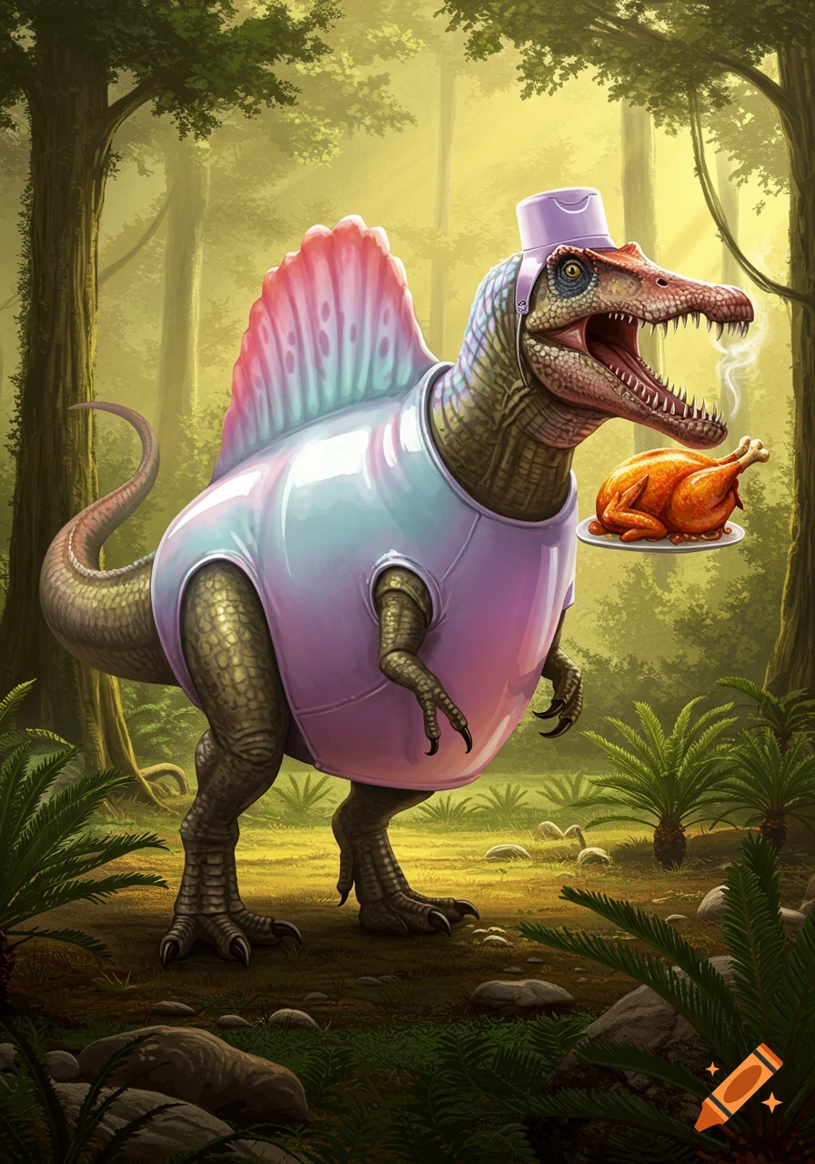 A Spinosaurus in a purple and blue costume and hat holds a smoking cooked turkey in a lush jungle.