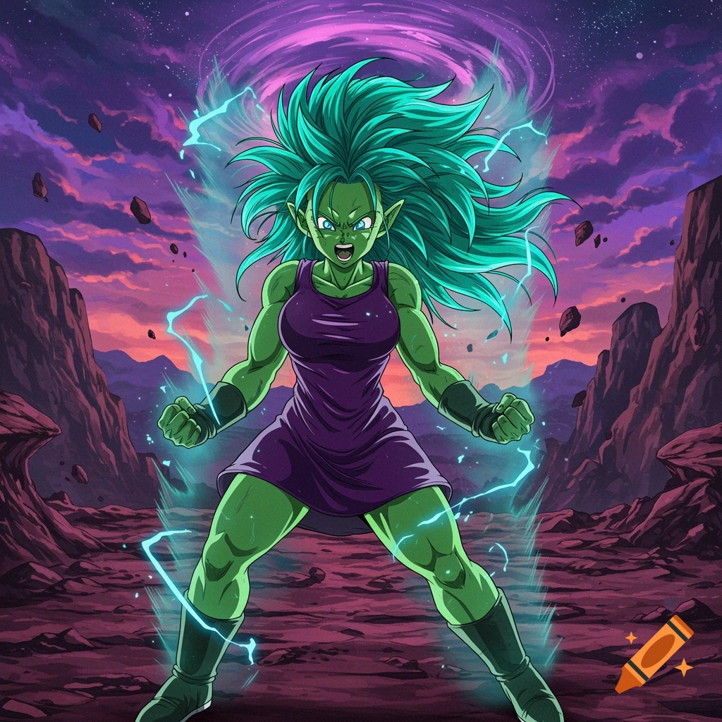 A green-skinned, muscular anime woman with teal hair and a purple dress powers up in a rocky alien landscape with a colorful sky.