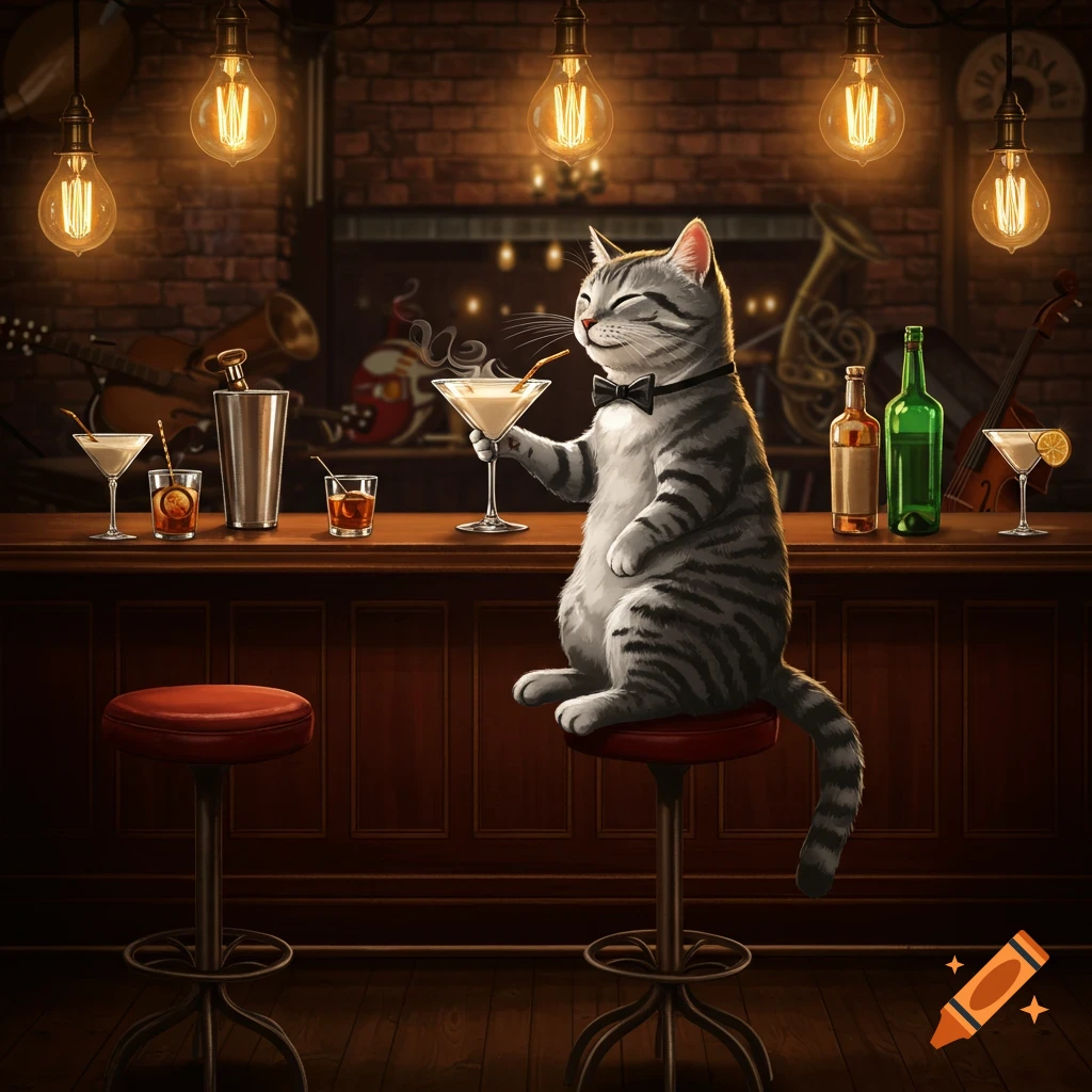 A grey tabby cat with a bow tie sits on a bar stool, holding a martini glass in a dimly lit bar. Stylized illustration.