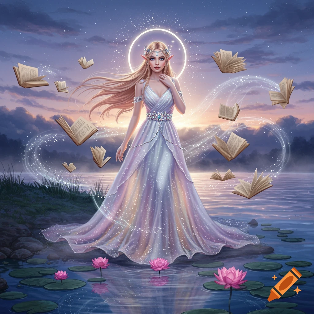 A blonde elf-like goddess in a shimmering gown stands by a lake at sunset, surrounded by glowing books and magic.