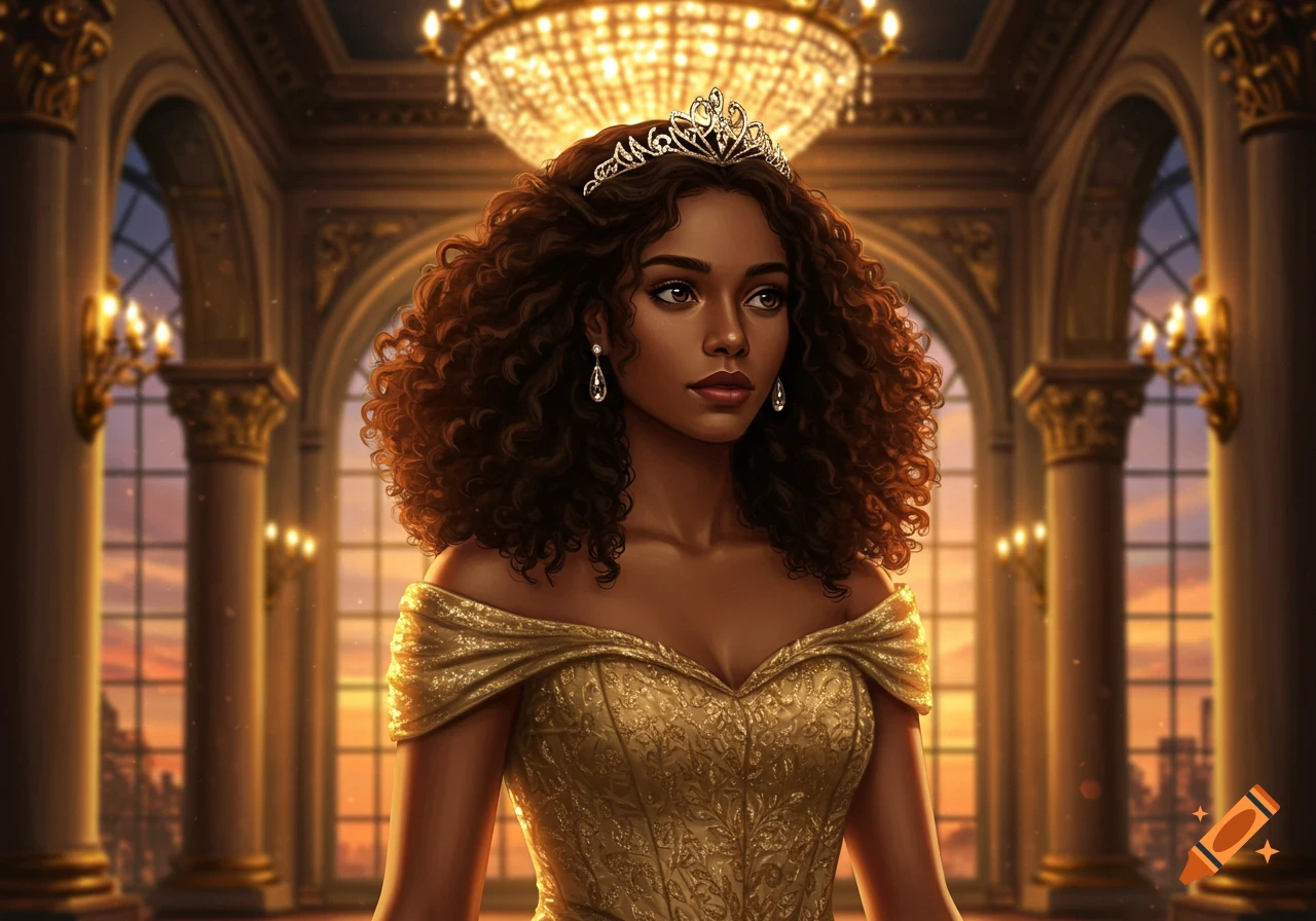 A princess with dark curly hair and a tiara wearing a gold gown in a grand hall.