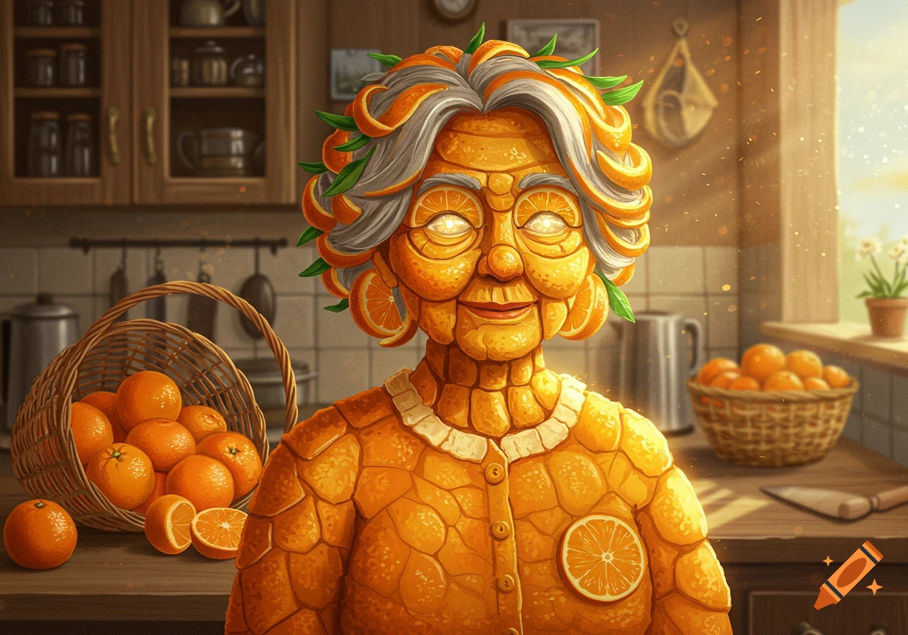 An old woman's head and shoulders, made of oranges, stands in a bright kitchen with baskets of oranges.