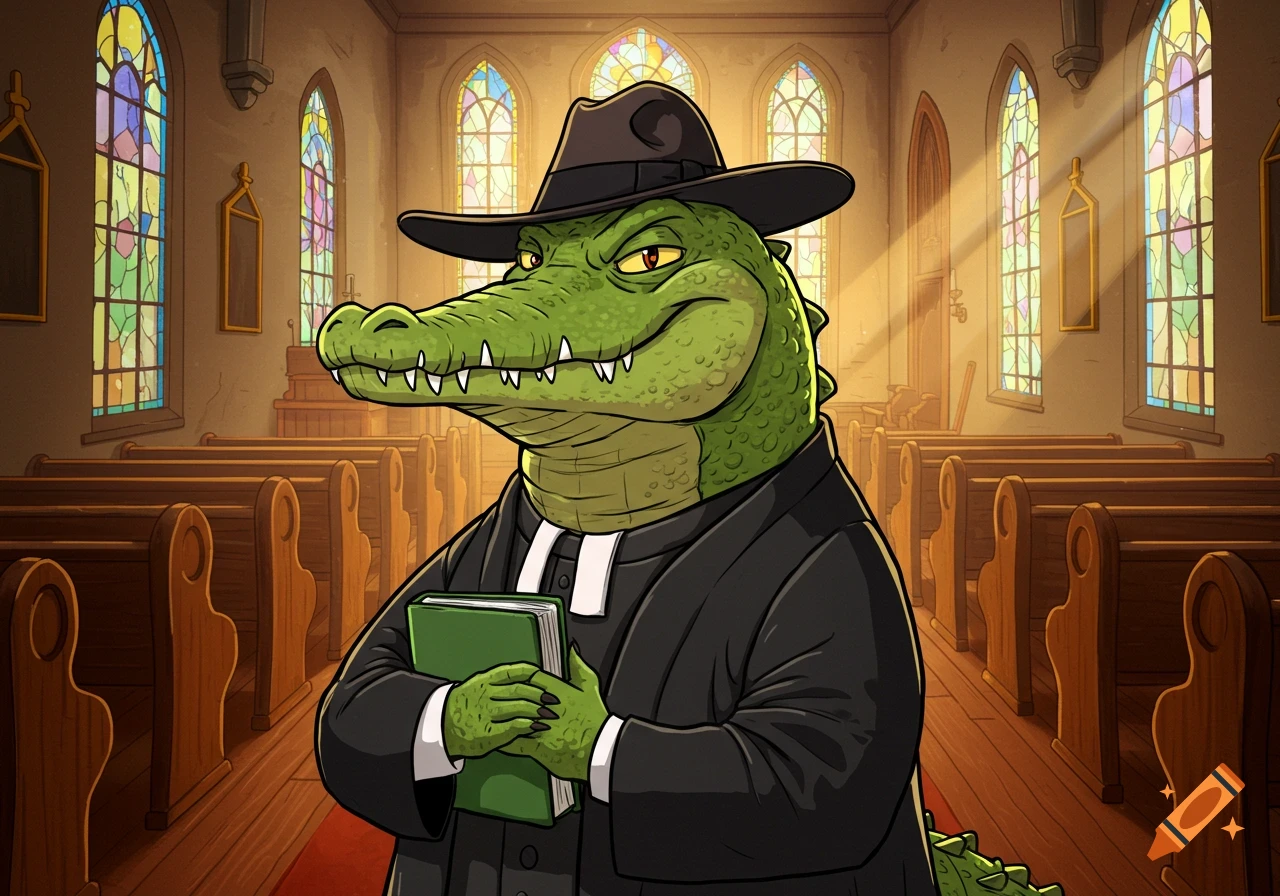 A cartoon alligator dressed as a reverend, wearing a fedora and holding a green book, stands inside a church with stained glass windows.