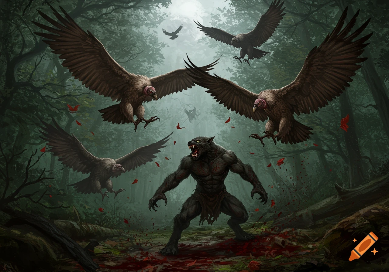 A snarling werewolf with glowing eyes stands amidst blood splatter in a dark, misty forest, surrounded by four large vultures flying low.