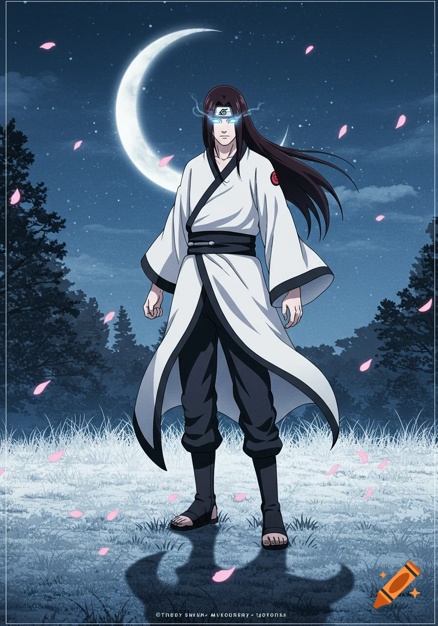 Neji Hyuga, an anime character, stands in a moonlit field with glowing eyes, wearing a white robe, as pink petals fall.