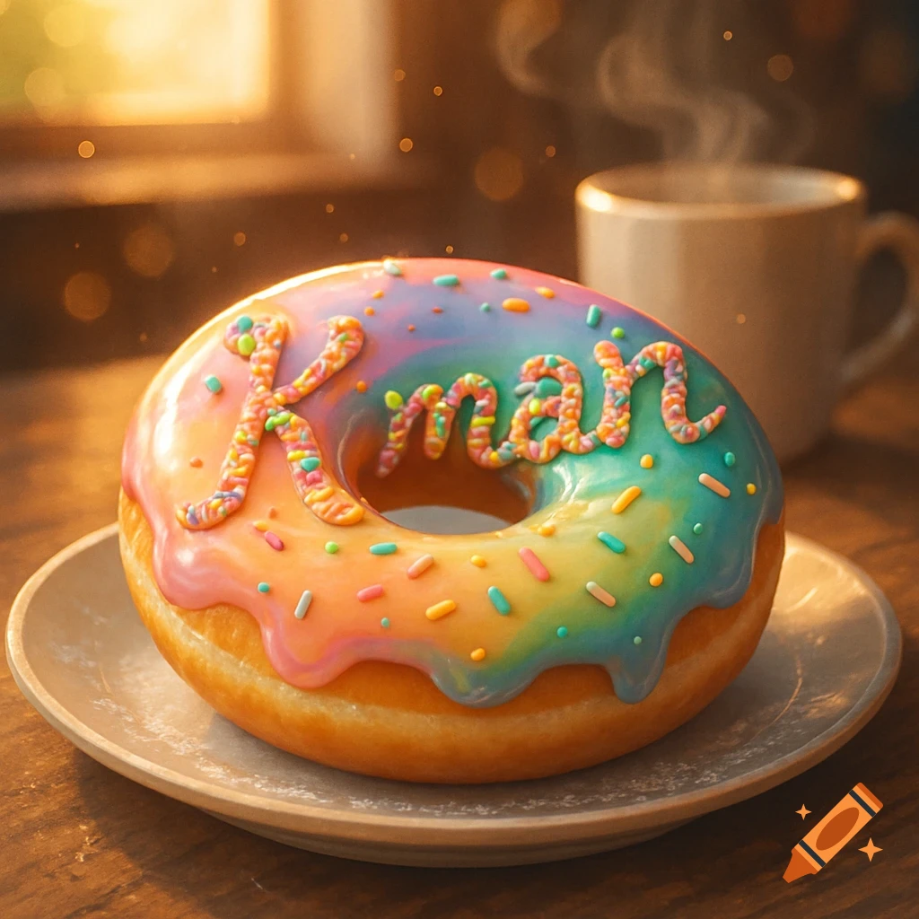 A photorealistic donut with rainbow frosting and sprinkles spelling "K man" on a plate, with a steaming mug in the background.