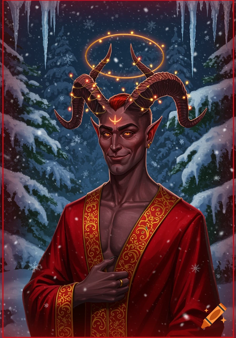 A red-skinned demon with light-wrapped horns and a halo, wearing a red robe, smirks in a snowy winter forest. Digital art.