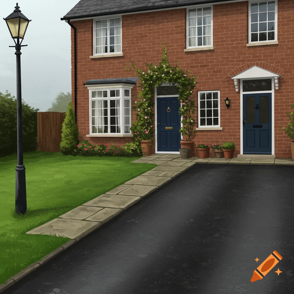 An illustration of a UK-style brick house with blue doors, a green lawn, paved path, and tarmac driveway, under a cloudy sky.