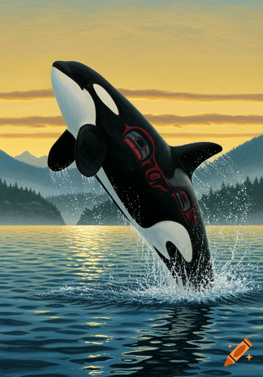 A Haida Gwaii style painting of a black and white orca leaping from the ocean at sunset.