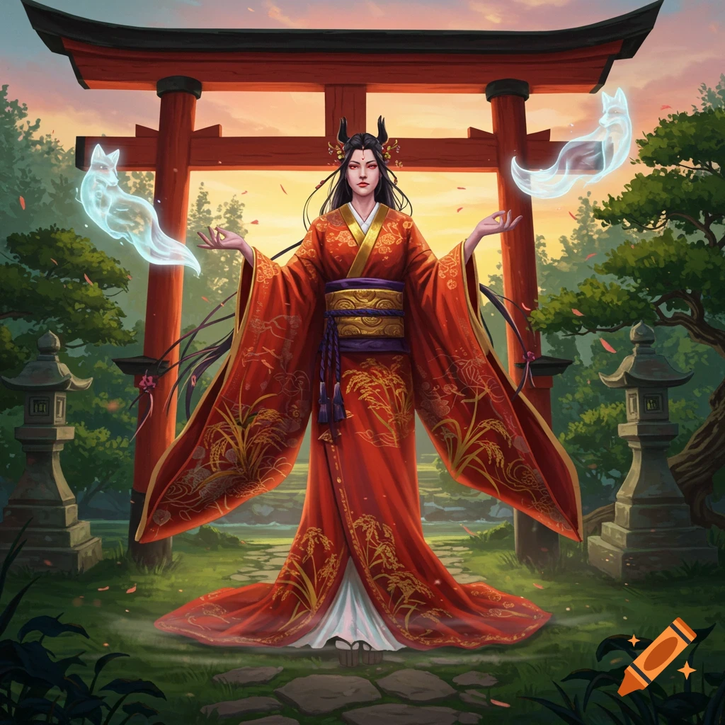 A powerful woman in a red kimono with glowing fox spirits in a Japanese shrine setting at sunset, digital painting.