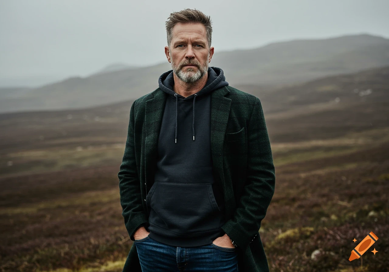 A rugged man with a beard and dark green coat stands in a vast, cloudy outdoor landscape.