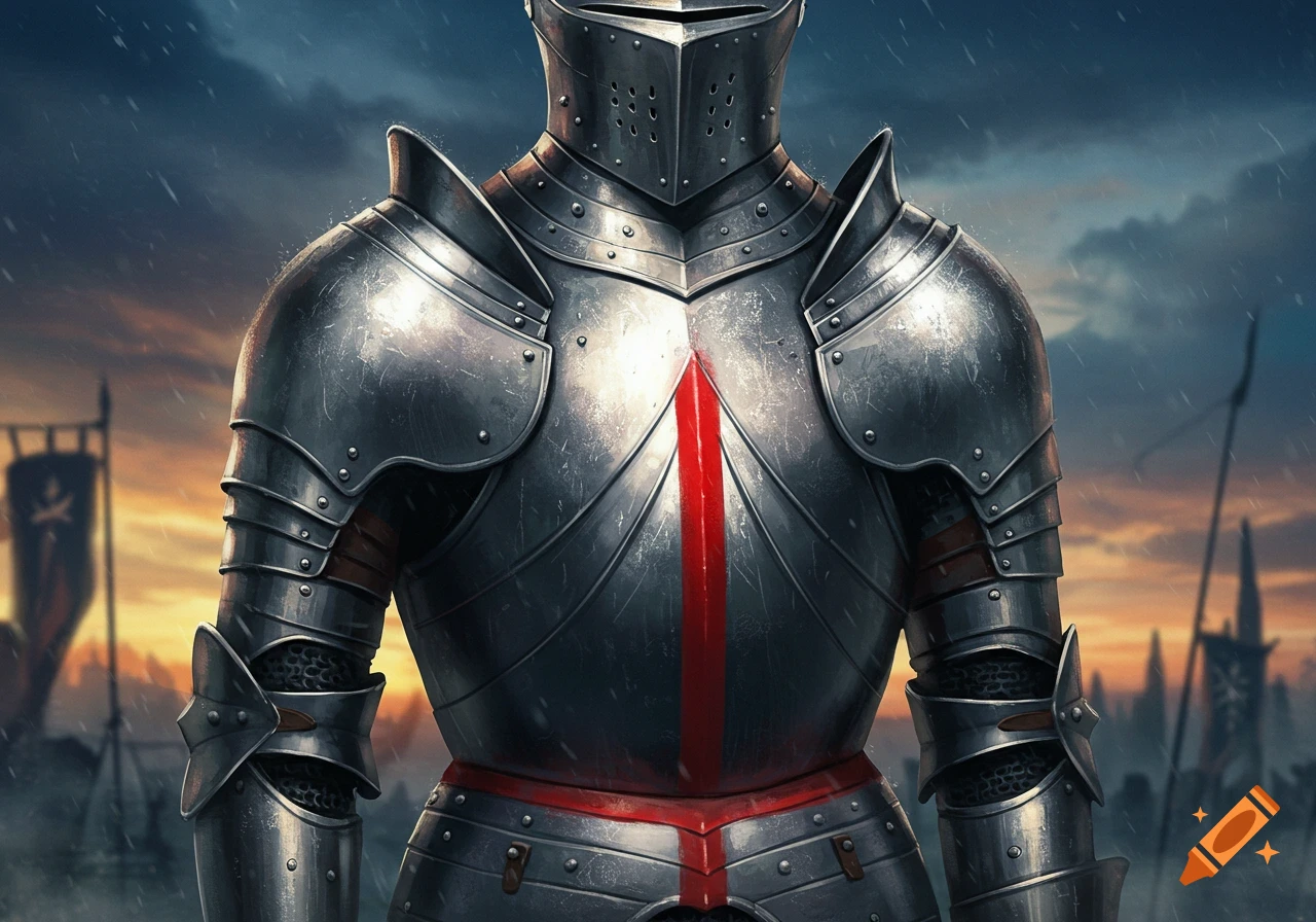 A knight in full silver armor with a red stripe down the middle stands against a stormy sky with battle banners in the background.