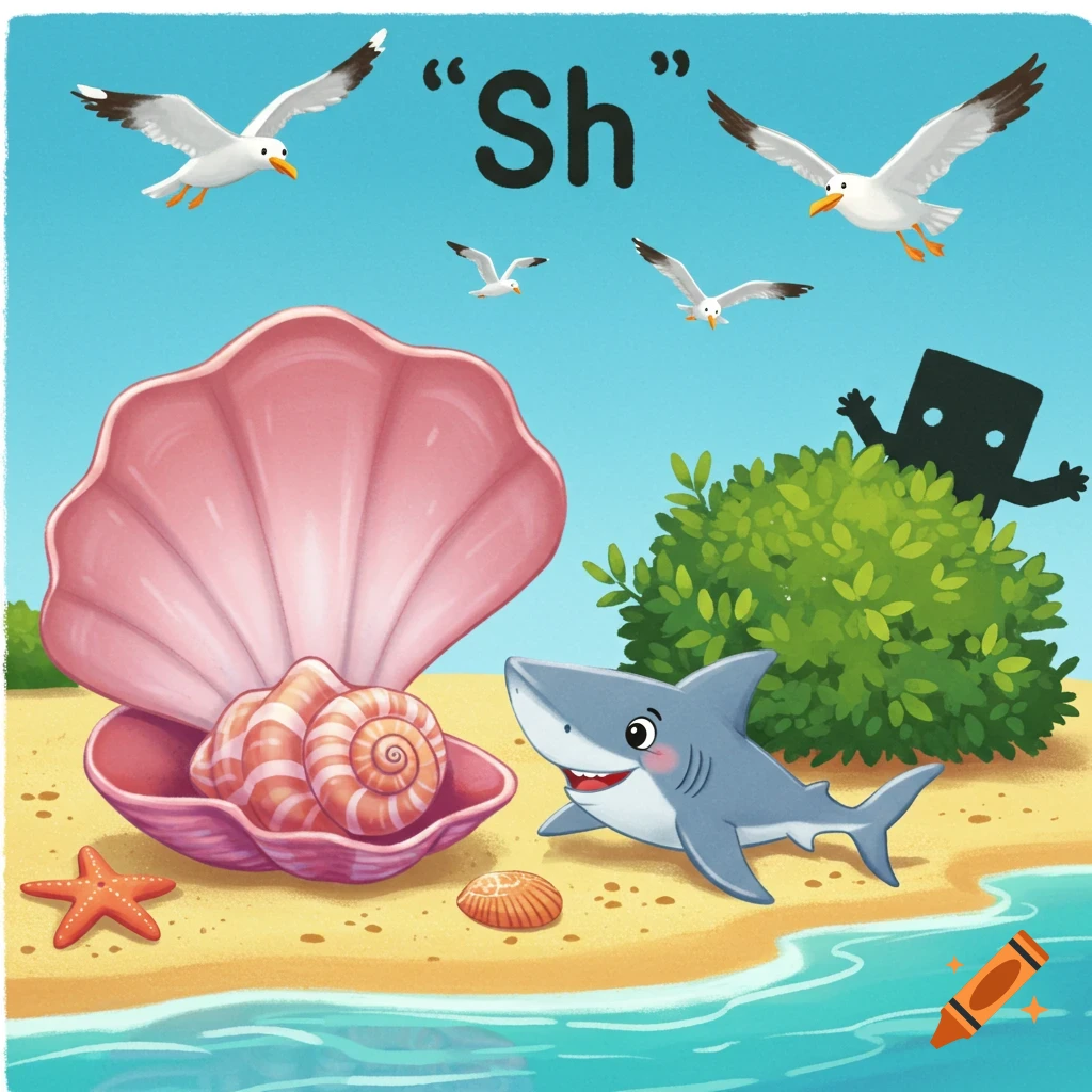 A colorful cartoon illustration of a beach scene with a smiling shark, a large pink seashell, a starfish, and seagulls flying. The text 'Sh' is in the sky, and a black silhouette character peeks from behind a green bush.