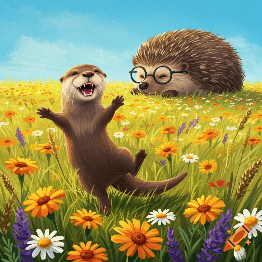 A joyful otter dances in a sunny, colorful meadow with flowers, while a sleeping hedgehog with glasses rests in the background.
