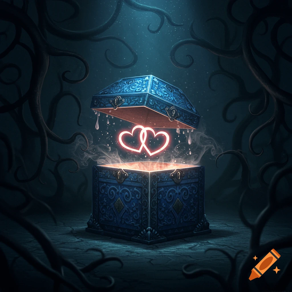 An open, ornate blue box emits glowing red hearts and smoke, set against a dark, mysterious background with twisted tendrils.