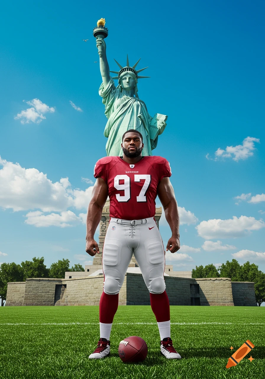A photorealistic image of a muscular football player in a red jersey with number 97 and white pants, standing on a green field in front of the Statue of Liberty under a blue sky.