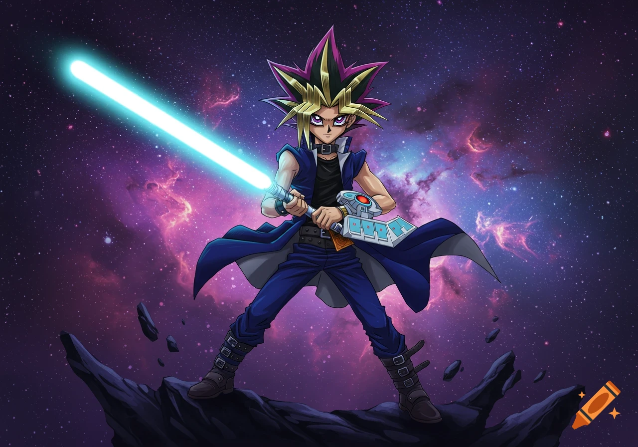 Anime style illustration of Yugi from Yu-Gi-Oh! holding a blue lightsaber, standing on a rock against a vibrant cosmic background.