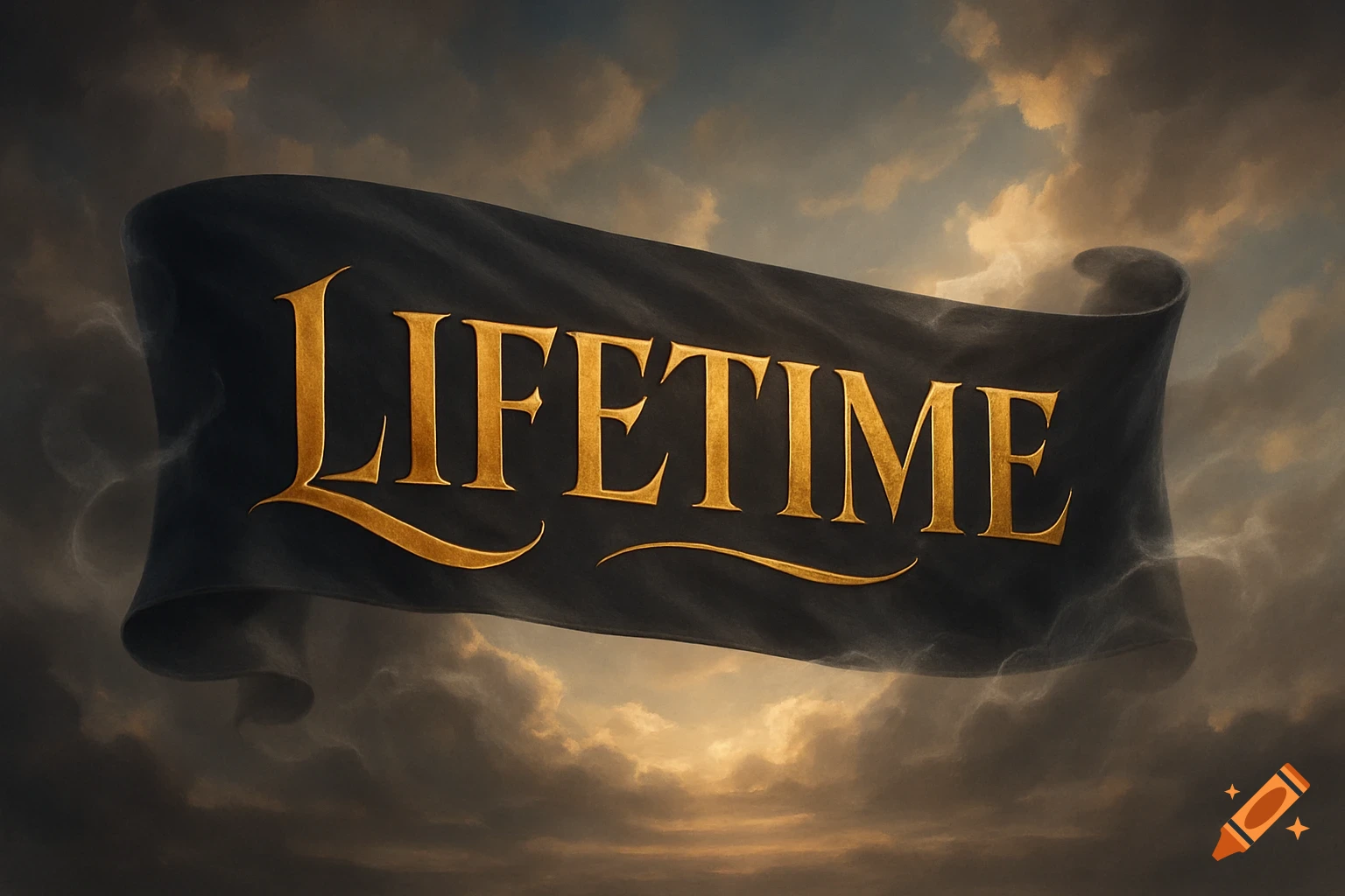 A black banner with golden, ornate text spelling "LIFETIME" floats against a dramatic, cloudy sky.