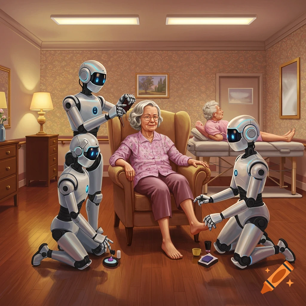 Robots provide hair and nail care to elderly women, with one giving a massage, in an assisted living facility.