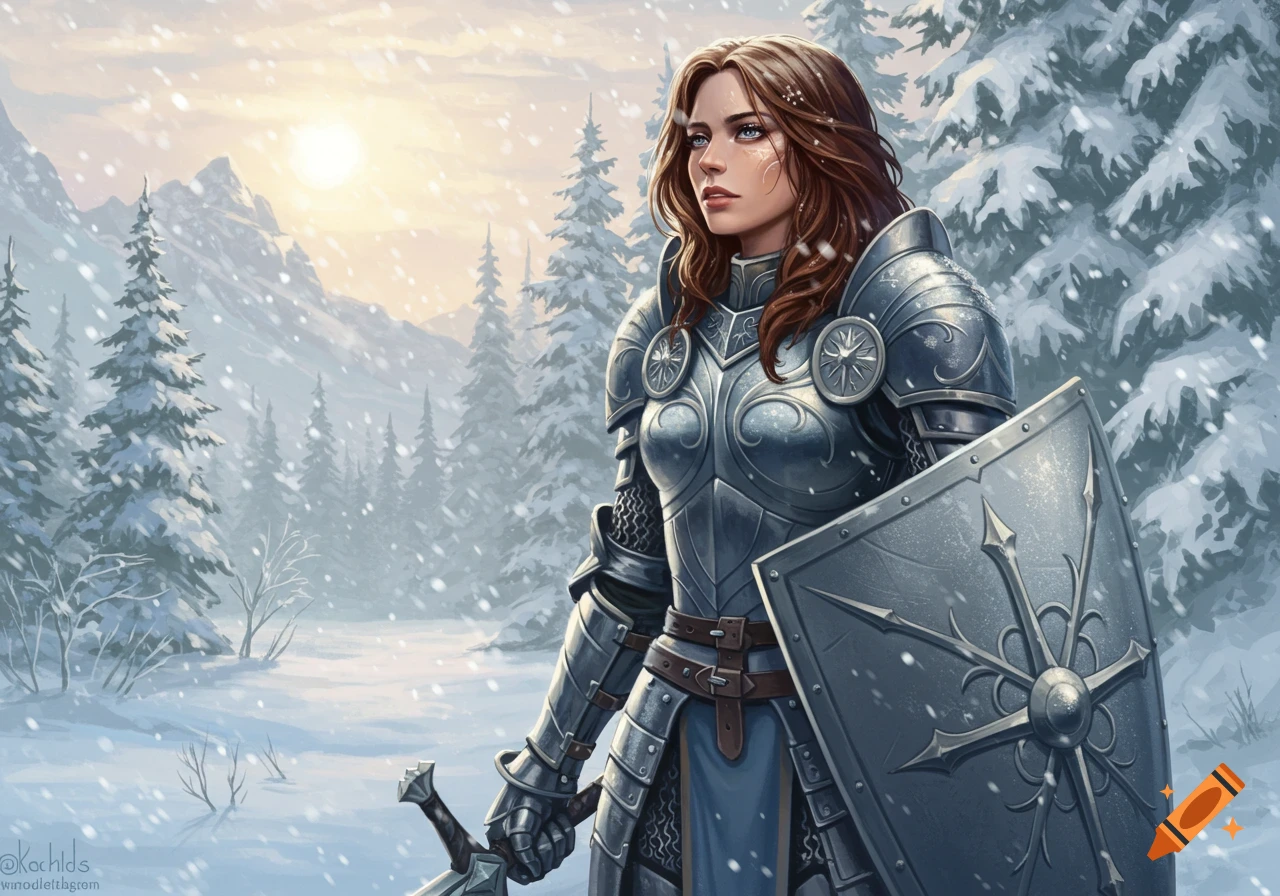 Female paladin in detailed plate armor with sword and shield stands in a snowy mountain forest with falling snow under a bright sky.