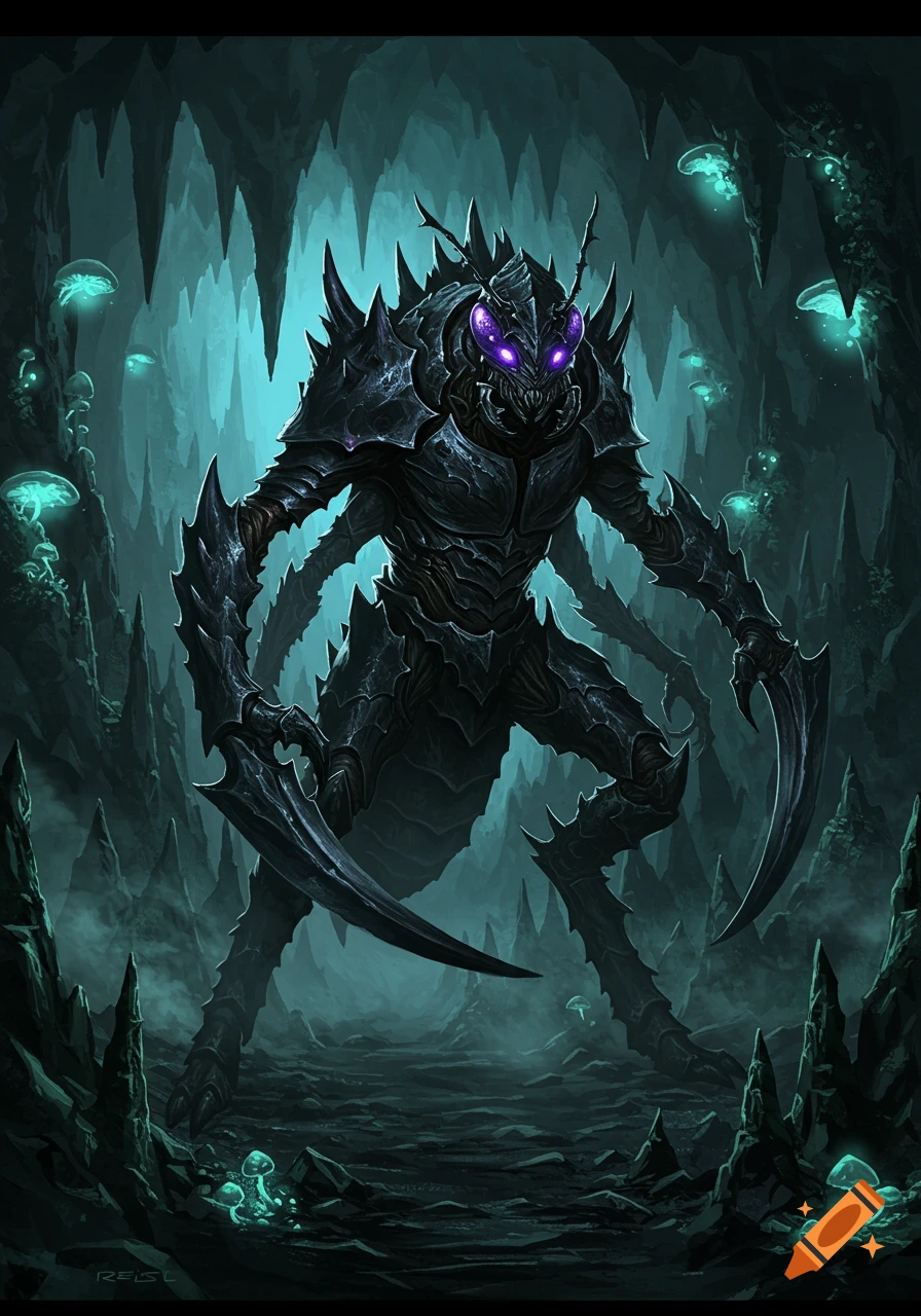 A dark, spiky, insectoid monster with glowing purple eyes stands in a teal-lit cave with glowing mushrooms and stalactites. Fantasy art style.