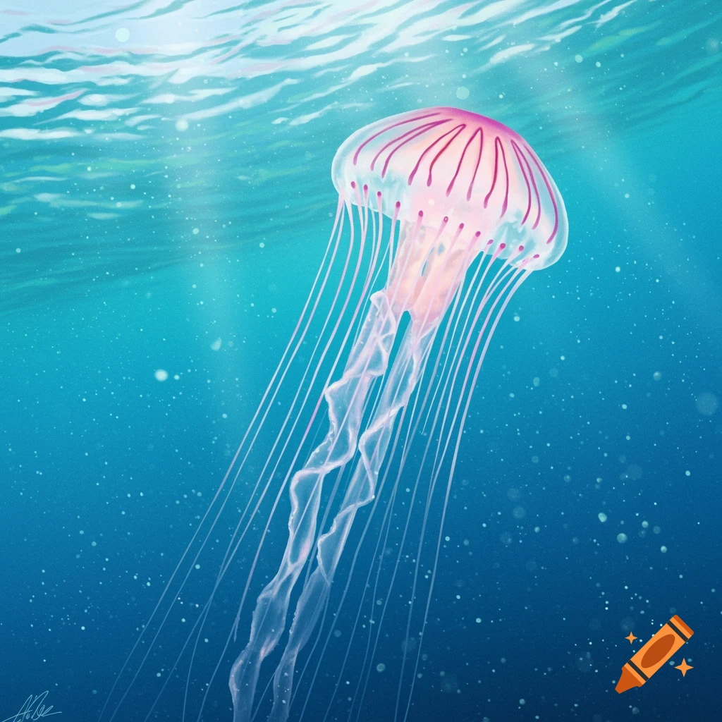 A vibrant pink and white striped jellyfish floats gracefully in clear blue water, with light rays filtering from above.