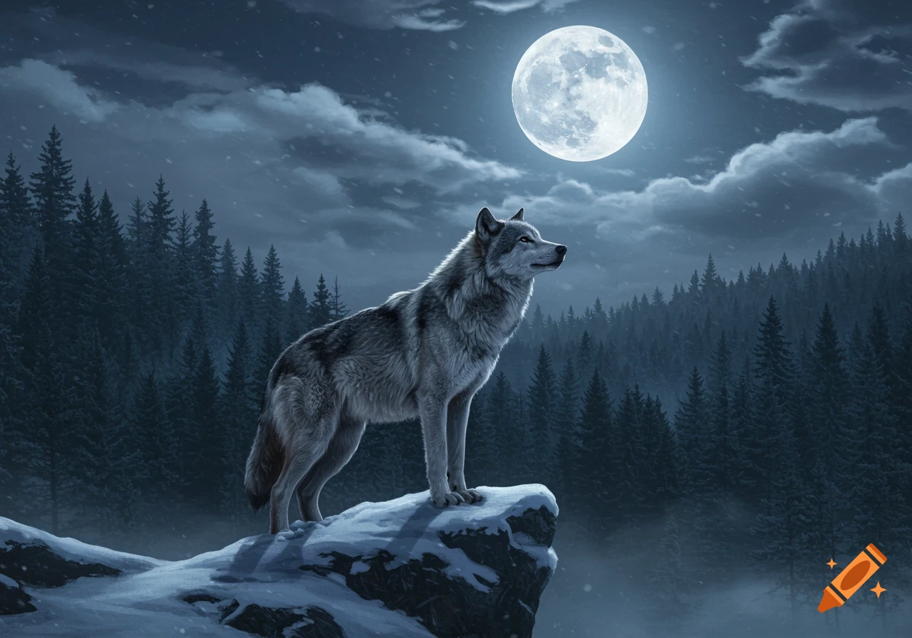 A majestic grey wolf stands on a snow-covered rock, silhouetted against a large full moon and a dark, snowy forest.