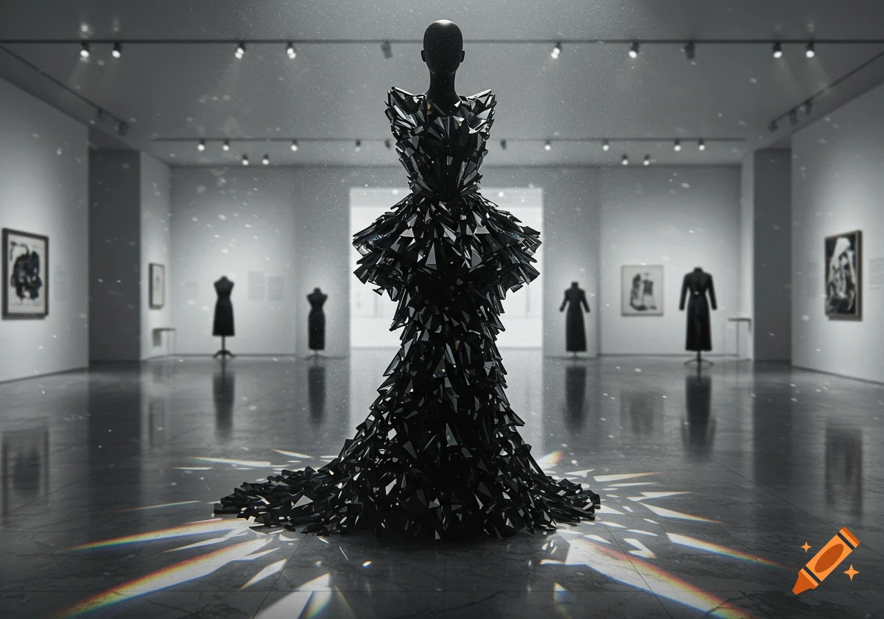 A dramatic black dress made of jagged glass pieces on a mannequin in a brightly lit museum gallery.