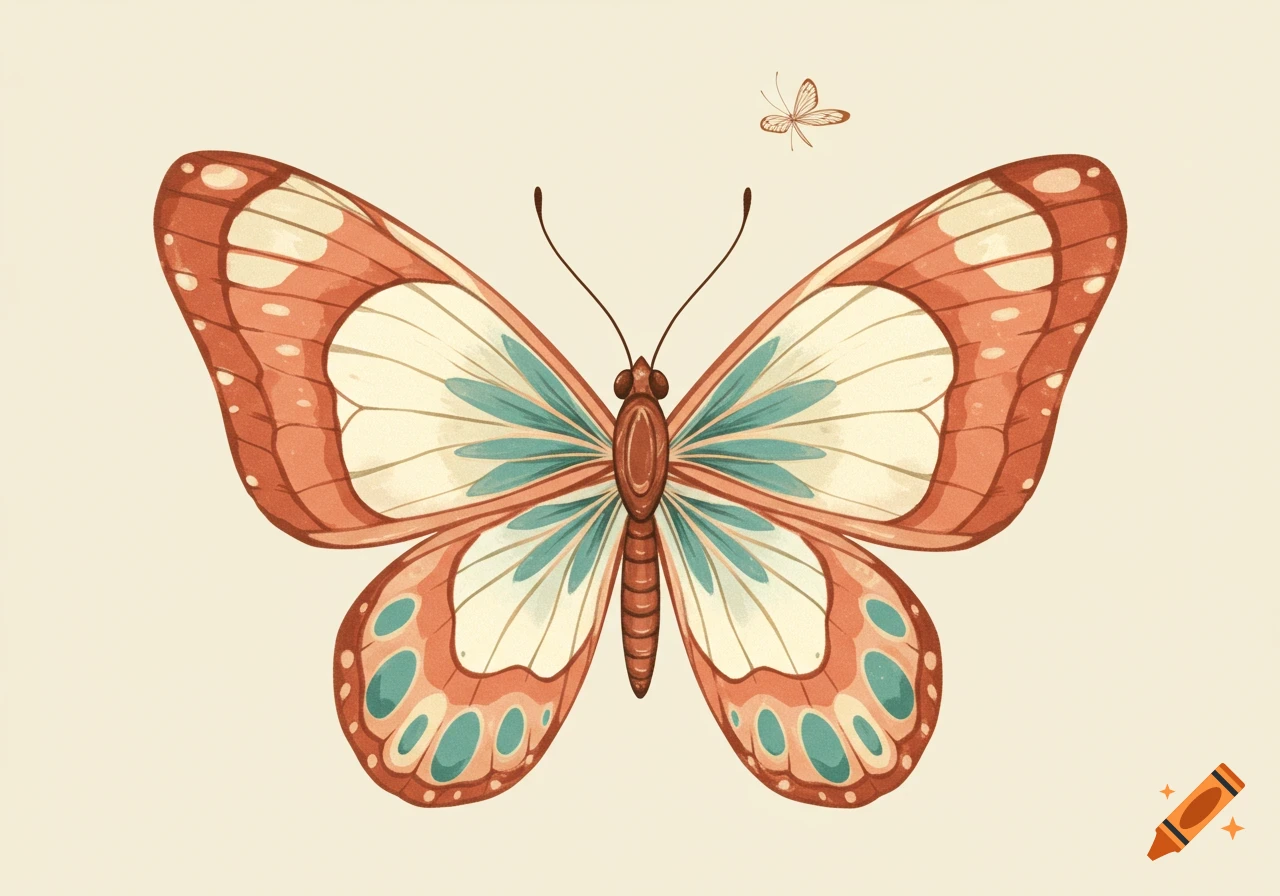 A whimsical butterfly illustration with terracotta, cream, fern green, and muted turquoise wings on a plain background.