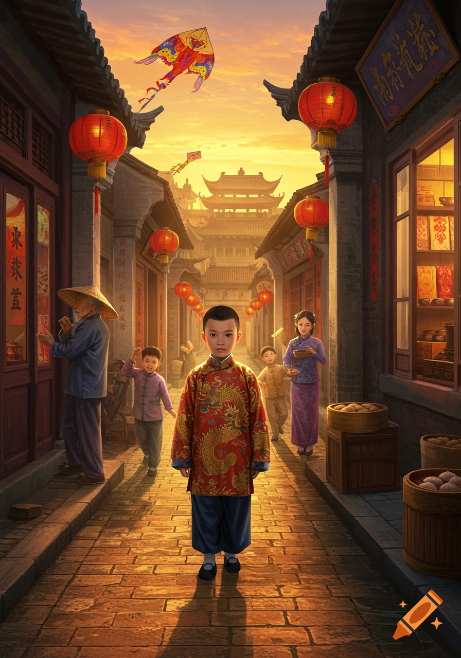 A young Chinese boy in a red traditional outfit stands on a sunlit street lined with old buildings and red lanterns, with other people and kites flying overhead.