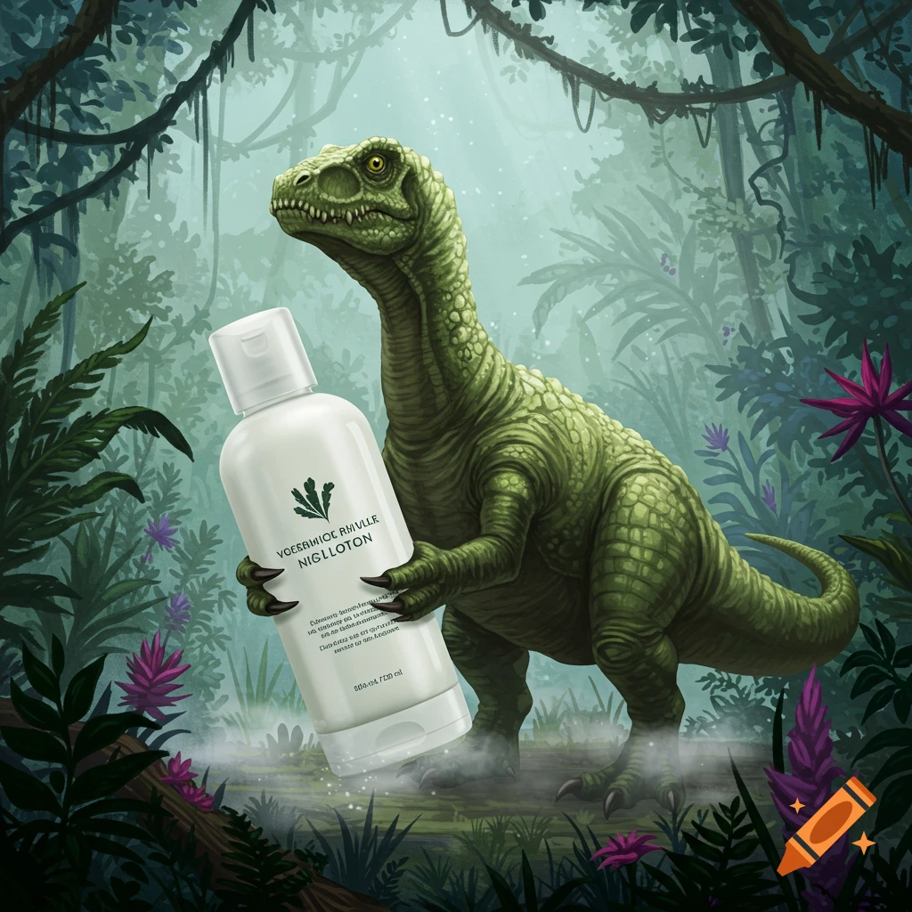 A green dinosaur stands in a lush jungle, holding a white lotion bottle in its claws. The bottle has a green plant logo and illegible text.