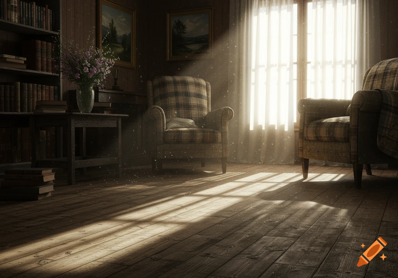 A sunlit, cozy room with a bookshelf, two plaid armchairs, and light streaming through a window, illuminating dust motes.