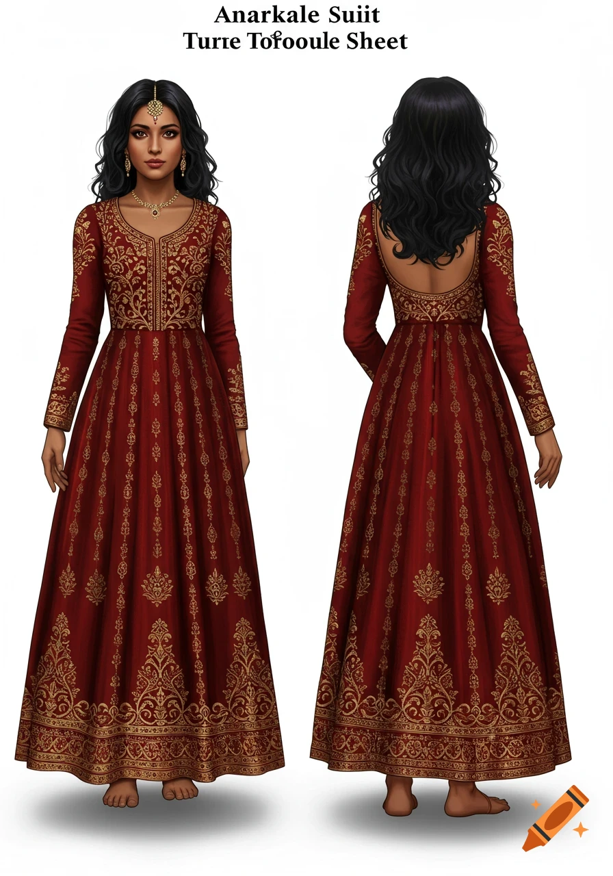 A detailed 3D game concept art turnaround sheet of a woman in a red and gold embroidered Indian Anarkali suit, front and back views, white background.