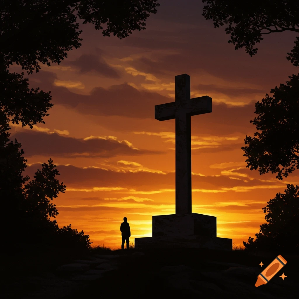 Silhouette of a man standing before a large cross on a hill at sunset, framed by trees.