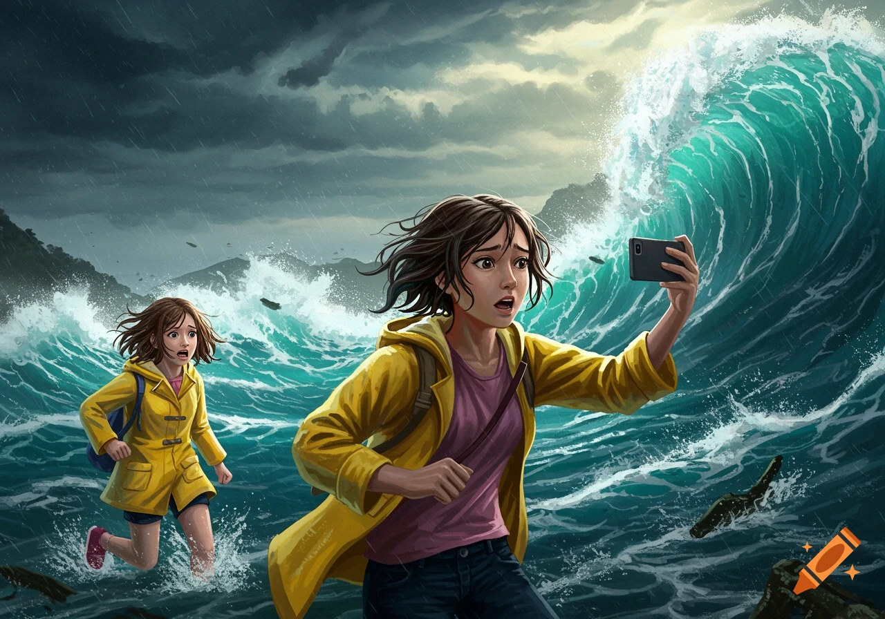 Two scared girls, one taking a selfie, flee a massive tsunami wave under a stormy sky in an illustrative style.