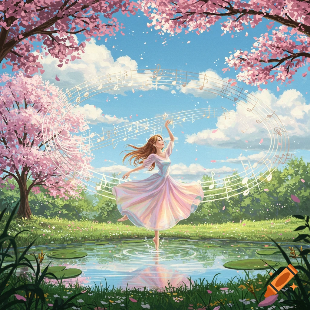 A whimsical illustration of a woman dancing gracefully in a pond amidst cherry blossoms and floating musical notes under a blue sky.