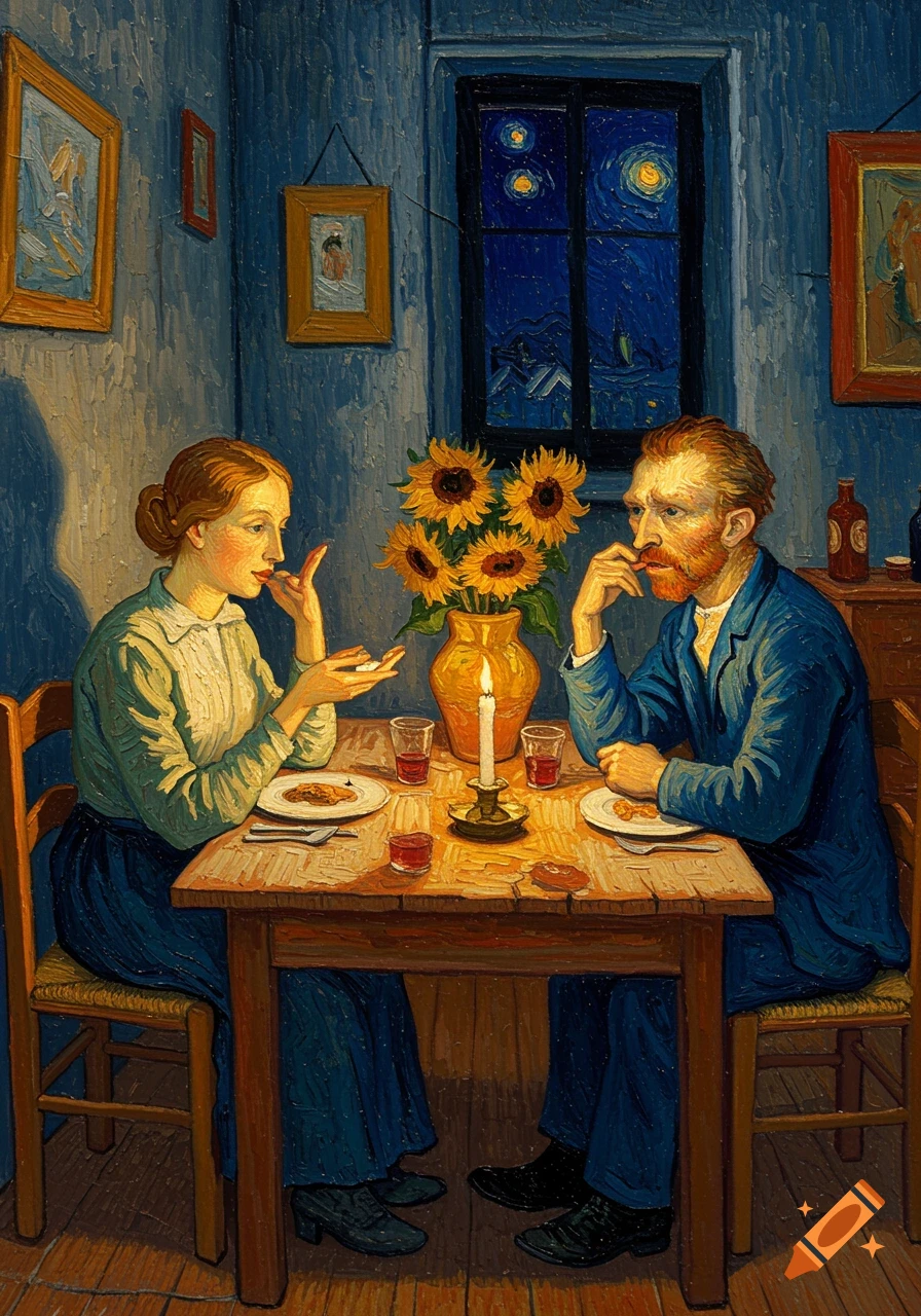 A Van Gogh-style painting of a man and woman dining by candlelight with sunflowers on the table.