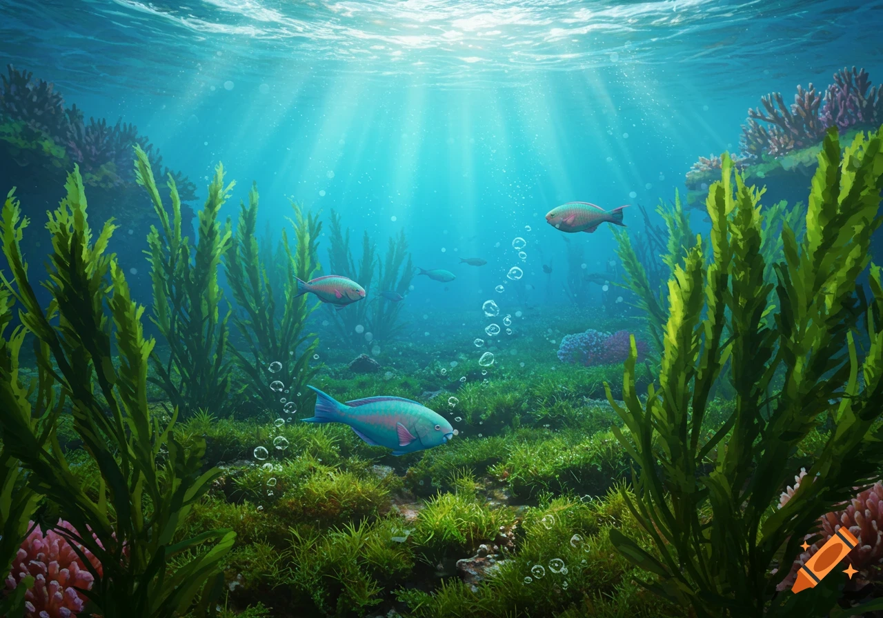 Bright underwater scene with sunlight filtering through the water, showing vibrant green seaweed, colorful fish, and air bubbles.
